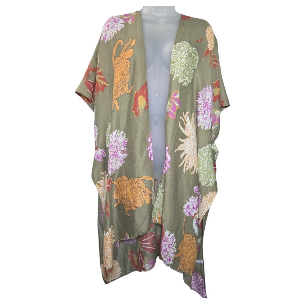 WM OSFM Green Floral Fall Spring Open Front Wide Arm Long Cardigan Kimono Ruana